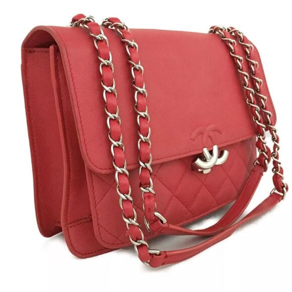 Auth Chanel Tramezzo Box Flap Double CC Logo Calfskin Chain Shoulder Bag Red - Picture 2 of 11